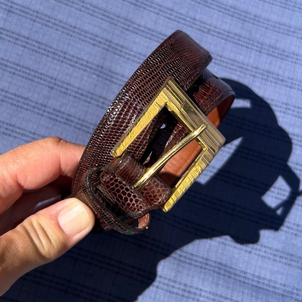 Vintage Polo Ralph Lauren Brown Lizard Embossed Leather Belt Gold Buckle Logo 32